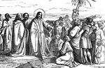 Illustration depicts Jesus speaking to a crowd. One man has climbed a palm tree to see better. As this illustration is placed at the end of Matthew chapter 7, it can be assumed to represent the Sermon on the Mount, although the composition does not seem to represent a mountain.