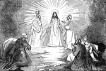 "And after six days Jesus taketh with him Peter, and James, and John his brother, and bringeth them up into a high mountain apart: and he was transfigured before them; and his face did shine as the sun, and his garments became white as the light. And behold, there appeared unto them Moses and Elijah talking with him." Matthew 17:1-3 ASV
<p>Illustration of Jesus talking with Moses (left) and Elijah (right). Peter, James, and John appear in the foreground.