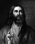 Portrait of Jesus looking upward with right hand raised in blessing is an engraving by Lazarus Gottlieb Sichling from an original painting in the possession of a Bible publisher (Baumgärtners Buchhandlung) in Leipzig, Germany.