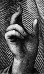 Detail of the hand of Jesus raised in blessing in an engraving by Lazarus Gottlieb Sichling from an original painting in the possession of a Bible publisher (Baumgärtners Buchhandlung) in Leipzig, Germany.