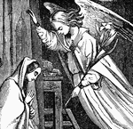 "Now in the sixth month the angel Gabriel was sent from God unto a city of Galilee, named Nazareth, to a virgin betrothed to a man whose name was Joseph, of the house of David; and the virgin's name was Mary." Luke 1:26-27 ASV
<p>Detail of New Testament illustration showing the angel Gabriel appearing to Mary. Gabriel holds a lily, a symbol of the Virgin Mary.