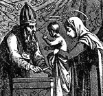 "And when eight days were fulfilled for circumcising him, his name was called Jesus, which was so called by the angel before he was conceived in the womb." Luke 2:21 ASV
<p>Illustration shows Mary presenting Jesus to the priest for circumcision.