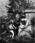 An engraving by J. Jackson, Sr. of Sir Joshua Reynolds' painting, <i>The Holy Family.</i> Many, Joseph, and Jesus look towards the infant John the Baptist dressed in camel skin. John holds a staff with a scroll. Although not visible, John's scroll is often represented as reading "Ecce Agnus Dei" in artwork. Reynolds' painting was completed around 1787. This engraving appears in a Bible published in 1853. The setting is a garden.