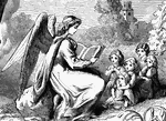 Illustration of an angel sitting on a rock and reading a book to five children.