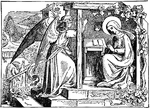 This is an illustration of The Annunciation, when the angel Gabriel appears to the Blessed Virgin Mary to inform her of her impending pregnancy. Mary sits near a prayer book, her arms crossed, surrounded by flowers, as Gabriel approaches via a set of stairs. Two doves sit on the railing. The countryside is pictured in the background on the left side of the illustration.
