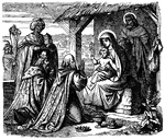 "And they came into the house and saw the young child with Mary his mother; and they fell down and worshipped him; and opening their treasures they offered unto him gifts, gold and frankincense and myrrh." Matthew 2:11 ASV
<p>Illustration of three kings offering Jesus gifts of gold, frankincense, and myrrh. One kneels, his crown on the ground next to him. Another kneels with a gift in his hand. A third stands with a jar in his hands. Jesus sits on Mary's lap and Joseph stands behind them. The Star of Bethlehem is depicted with its rays beaming down on Jesus. A man and camel stand in the left background.