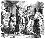 "...and Simeon blessed them, and said unto Mary his mother, Behold, this child is set for the falling and the rising of many in Israel; and for a sign which is spoken against; yea and a sword shall pierce through thine own soul; that thoughts out of many hearts may be revealed." Luke 2:34-35 ASV
<p>Illustration of Simeon prophesying as he holds the baby Jesus in his arms in the temple. Mary reaches out to cradle Jesus in her arms as Joseph stands by, holding a basket. A woman kneels behind Simeon. A priest stands in the background. The scene takes place during the presentation of Jesus at the temple.