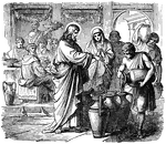 "Jesus saith unto them, Fill the waterpots with water. And they filled them up to the brim. And he saith unto them, Draw out now, and bear unto the ruler of the feast. And they bare it." John 2:7-8 ASV
<p>Illustration of Jesus turning water into wine during a wedding feast in Cana, which he attended with his mother, Mary, and his disciples. Jesus' stands with his hand out-stretched over several pots. A man pours one pot into another. A woman, presumably Mary, stands near Jesus. Several wedding guests can be seen feasting at a table in the background.