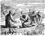"And when he had left speaking, he said unto Simon, Put out into the deep, and let down your nets for a draught. And Simon answered and said, Master, we toiled all night, and took nothing: but at thy word I will let down the nets. And when they had done this, they inclosed a great multitude of fishes; and their nets were breaking..." Luke 5:4-6 ASV
<p>Illustration of Jesus sitting in a boat with Simon as he is performing a miracle. Simon sits in front of Jesus with his hands folded in a prayerful position. A second boat holds three fisherman, one rows with a staff while two others haul in a net full of fish. Mountains and a city can be seen in the background.