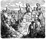 "And seeing the multitudes, he went up into the mountain: and when he had sat down, his disciples came unto him: and he opened his mouth and taught them..." Matthew 5:1-2 ASV
<p>Illustration of Jesus preaching to his disciples and a multitude of people. Jesus sits on a raised mound of land with his right arm outstretched, surrounded by many people. Three men stand directly behind him and one man stands, leaning on a staff, in front of Jesus. A woman holding a baby sits on the ground in front of Jesus.