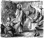 “When they came to the home of the synagogue leader, Jesus saw a commotion, with people crying and wailing loudly. He went in and said to them, Why all this commotion and wailing? The child is not dead but asleep. But they laughed at him.

<p>After he put them all out, he took the child's father and mother and the disciples who were with him, and went in where the child was. He took her by the hand and said to her, <i>’Talitha koum!’</i> (which means ‘Little girl, I say to you, get up!’). Immediately the girl stood up and began to walk around (she was twelve years old).” —Mark 5:38-42, NIV</p> 

<p>Illustration of Jesus bringing Jairus' recently deceased, 12-year-old daughter back to life. Jesus is holding the hand of the girl as she raises her upper body from the bed. She wears a laurel crown and Jairus stands behind her bed. A woman kneels next to Jesus. Incense is burning. Two onlookers stand in the background.