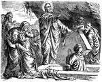"And when he had thus spoken, he cried with a loud voice, Lazarus, come forth. He that was dead came forth, bound hand and foot with grave-clothes; and his face was bound about with a napkin. Jesus saith unto them, Loose him, and let him go." John 11:43-44 ASV
<p>Illustration of Jesus standing over the open coffin of Lazarus, raising his right hand over the resurrected man. Lazarus is rising from the stone coffin, his hands clasped in prayer. Mary and Martha are on the left, one on her knees. Several people crowd around and two men help move the coffin lid.