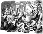 "Then he poureth water into the basin, and began to wash the disciples' feet, and to wipe them with the towel wherewith he was girded." John 13:5 ASV
<p>Illustration of Jesus kneeling, washing the foot of one of his disciples. The other disciples sit and stand around the table, watching Jesus. The disciple's foot is on a raised stool and a basin sits nearby. One disciple, perhaps Judas, is depicted in shadows in the back left of the illustration.