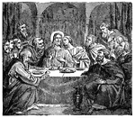 "And as they were eating, he took bread, and when he had blessed, he brake it, and gave to them, and said, Take ye: this is my body. And he took a cup, and when he had given thanks, he gave to them: and they all drank of it. And he said unto them, This is my blood of the covenant, which is poured out for many." Mark 14:22-24 ASV
<p>Illustration of Jesus at the table with his disciples, initiating the Eucharist. A wine goblet and three pieces of broken bread sit in front of him. The disciples sit around the table, six on either side of Jesus. A pitcher sits on the ground in front of the table.