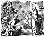 So the band and the chief captain, and the officers of the Jews, seized Jesus and bound him,and led him to Annas first; for he was father in law to Caiaphas, who was high priest that year." John 18:12-13 ASV
<p>Illustration of Jesus with his hands bound behind his back, being led before Annas, father-in-law of Caiaphas, the High Priest. The surrounding text confirms it is Annas and not Caiaphas. Annas sits on an elevated platform. Other robed men sit on benches to his right and left. A servant holds the ropes binding Jesus.