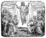 "And it came to pass, while he blessed them, he parted from them, and was carried up into heaven." Luke 24:51 ASV
<p>Illustration of Jesus ascending into heaven while surrounded by his disciples. Christ's mother, Mary, kneels with the other disciples on his right. A beam of light descends from the sky and surrounds Jesus.