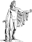Illustration of the famous statue <i>Apollo Belvedere</i>. Created circa AD120-140, the statue depicts Apollo standing, having just shot an arrow. His quiver can be seen over his shoulder (left) and his hand clutches the remains of a bow (right). He is nude except for his sandals and robe. This illustration includes a leaf to cover Apollo's genitalia, which is not included on the statue itself.