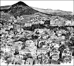 The city of Athens, Greece as it looked circa 1912. The mountain in the background is Mount Lycabettus. Foliage can be seen peeking out from between modern buildings. It is a crowded cityscape.