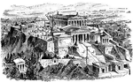 Illustration of the Acropolis restored to what it may have looked like when originally completed. The view is from the front and you can see the propylaea. The hill can be seen sloping steeply downward (left) and the city of Athens can be seen in the background, built around the hill. Two figures climb the steps at the front of the complex.