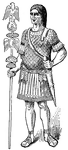 Illustration of an aquilifer carrying the eagle standard for his Roman legion. His left hand sits on the hilt of his short sword. The top of the standard is an eagle sitting on a ring with the portrait of a man inside. The standard-bearer is wearing traditional armor and no helmet.