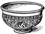 Illustration of a Roman bowl found in Pompeii and made by the Gauls. It is an example of what is referred to as samian ware or terra sigillata. Highly decorated, the bowl includes the profile of a Roman man and the letters "E. O. B. I".