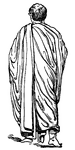 A view of the back of a Roman toga. The man stands with his right foot slightly behind his left, as if he's taking a step. The toga is wrapped and draped over the left shoulder. Boys would adopt this style of clothing at the age of fifteen.