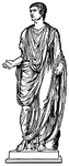 Illustration of the Roman Emperor Tiberius wearing a draped toga, which was fashionable in the first century AD and worn by citizens of Rome. He stands looking to his right. The original statue was found in Capri and is made of marble. Tiberius was emperor of Rome from AD 14-37.
