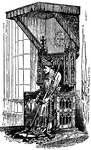 Illustration of a bishop sitting on an ornately decorated cathedra. A crosier, pastoral staff, rests against his left shoulder. The view is of the left side of the bishop and throne. There are columns in the background, to the right of the throne. A cathedral is a church that is the cathedra, or seat, of a bishop.