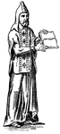 Illustration of a monk, displaying an open book. His hood is pointed and appears to be unattached from his habit. His habit includes a robe-like undergarment with a short tunic on top. Crosses appear in a vertical line down the center of the front of the tunic.