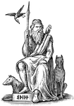 Illustration of the god called Woden in Germanic mythology and Odin in Norse mythology. Much like Zeus in Greek mythology, Odin is the chief god. He is pictured sitting on a raised platform, wrapped in a robe, holding a spear, Gungnir, in his hand. A thin band crowns his head. His wolves, Geri and Freki, are pictured on either side of the platform. His crows, Huginn and Muninn, are pictured, one on his shoulder and one flying nearby. His name is inscribed in runes on the front of the platform.