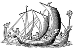 A fleet of three ancient Anglo-Saxon ships, each with wind filling the lone sail. Each ship has a dragon head at the bow. The front ship has a curled, dragon tail at the stern. Several men occupy the decks of the ships. The ship of the right has a head on a pike displayed at its bow. A crow sits on and pecks at the head. Another crow sits on the mast of that ship.