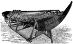 The ship is pictured as it looked shortly after being unearthed. The tent-like structure at the back that is in most depictions, is not included in this illustration. Four of the 32 shields that were found can be seen attached to the side of the hull. The ship is raised up on a wooden frame. The ship was found in a burial mound in Sweden.