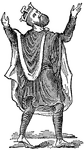Illustration of an English king between AD 800 and 1000. The king is very likely King Alfred who reigned from 871-899. The king is wearing a tunic and fur-trimmed cloak, along with striped tights and no shoes. He is looking up in an awkward position. His crown has three prongs. Both hands are raised in the air.