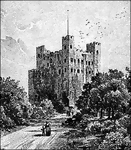 Illustration of the Norman-built Rochester castle. The architect of the castle was Gundulf, a Norman monk, and the castle protected England's southeast coast. It is a view of the castle from the northwest and two of its towers are visible. There is a road leading away from the castle. A woman and a child holding hands, walk down the road. Trees line the road.