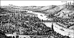 Illustration of a town in Germany during the late Middle Ages, or medieval period. The town sits on the Main River, which is labeled "Moenus". A bridge spans the river and a fortress, possibly Fortress Marienberg sits on a hill in the right background. The majority of the city sprawls out over the left portion of the drawing. Low unoccupied hills are visibly in the background