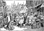 Illustration of a bustling street fair in France during the 13th century. Numerous people crowd the streets, selling and buying various wares. In the foreground, a crippled man on a cart begs passersby. A young man in traditional medieval dress, carries a package and shovel. A dog passes beside him. Performers put on show on a stage in the background. To the right, a man carries bolts of cloth, a man hammers something, and a boy plays with a puppet.