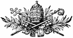 An illustration of the coat of arms of the Holy See with a crosier, processional cross, and some decorative foliage in the background.The coat of arms includes the crossed Keys of Heaven underneath the papal tiara.