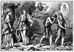 "So he drove out the man; and he placed at the east of the garden of Eden the Cherubim, and the flame of a sword which turned every way, to keep the way of the tree of life." Genesis 3:24 ASV
<p>Illustration of Adam and Eve as they are sent away from the Garden of Eden and the Tree of Life. Both are wearing animal skins and Adam is covering his face. Two angels, both holding swords, stand in front of a tree. A dog stands next to the angels.One angel points Adam and Eve away from the garden. The serpent is at Eve's feet with its mouth open. God is pictured looking down from the clouds. A small, oval image of Mary holding the baby Jesus is inset above Eve's head.
