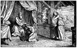 "And he discerned him not, because his hands were hairy, as his brother Esau's hands. So he blessed him." Genesis 27:23 ASV
<p>Illustration of Jacob kneeling at Isaac's feet. Isaac's left hand rests on Jacob's hand and his right hand is on Jacob's head. Jacob's left arm can be seen covered in fur, which he used to trick Isaac into believing he was blessing Esau. Isaac sits on a bed surrounded by curtains of fabric. The food and wine sits nearby (left). Rebecca is standing in the doorway, leaning on a post. A man, most likely Esau, can be seen in the distant background, blowing a horn, and running with an animal.