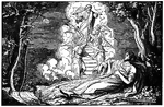 "And he dreamed. And behold, a ladder set up on the earth, and the top of it reached to heaven. And behold, the angels of God ascending and descending on it." Genesis 28:12 ASV
<p>
Illustration of Jacob sleeping, his upper body resting on a rock, and dreaming. His robe is wrapped around him and his left arm is resting on his abdomen. A ladder emerges from bright clouds in the center of the illustration. God is descending from the top of the ladder, his arms outstretched. Angels descend on one side and ascend on the other. There are six angels. Jacob's staff and satchel are on the ground next to him. Trees frame the image.