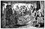 "And Jacob called unto his sons, and said: gather yourselves together, that I may tell you that which shall befall you in the latter days. Assemble yourselves, and hear, ye sons of Jacob; And hearken unto Israel your father." Genesis 49:1-2 ASV
<p>Illustration of Jacob, sitting up in his deathbed, his right arm raised, speaking to his sons and grandsons. Jacob and his two sons, Ephraim and Manasses, stand on one side of Jacob. All of Jacob's sons crowd around his bed. A pitcher, bowl, and scroll are sitting on the bedside table. Two open windows show vines and foliage outside.