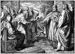 "And Moses and Aaron went in unto Pharaoh, and they did so, as Jehovah had commanded: and Aaron cast down his rod before Pharaoh and before his servants, and it became a serpent." Exodus 7:10 ASV
<p>Illustration of Moses and Aaron standing before Pharaoh and his advisers. Aaron holds the tale of a serpent that used to be his rod. Moses stands next to him and gestures toward the serpent. Pharaoh, wearing a crown, holding a sceptre, and sitting on a throne, stares at the snake. His arm is outstretched. One of Pharaoh's servants gapes at the scene. Others stand behind him, befuddled. A doorway displays a pyramid and palm trees in the background.