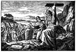 "And it came to pass, as soon as he came nigh unto the camp, that he saw the calf and the dancing: and Moses' anger waxed hot, and he cast the tables out of his hands, and brake them beneath the mount." Exodus 32:19 ASV
<p>Illustration of Moses throwing down the stone tablets and breaking them after finding the Israelites worshiping an idol in the shape of a golden calf. One tablet lies broken on the ground and he is raising the second one, ready to smash it. Aaron stands next to him, distressed and trying to stop him. The people can be seen in the background, crowded around the golden calf. The tents are behind them.