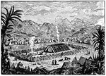 "And let them make me a sanctuary, that I may dwell among them. According to all that I show thee, the pattern of the tabernacle, and the pattern of all the furniture thereof, even so shall ye make it." Exodus 25:8-9 ASV
<p>Illustration of an aerial view of the Tabernacle. It was built using specifications given to Moses directly by God. Several elements are clearly pictured, including the curtain enclosure, the temple, the brazen altar, and the brazen laver. Pillars of smoke rise from the brazen altar and from the altar of incense inside the temple. The tents of the Israelite camp surround the tabernacle. A few people and animals are pictured. There are palm trees in the foreground.
