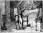 Illustration of the High Priest, most likely Aaron, in the Holy of Holies, holding the Ten Commandments. The Ark of the Covenant sits in the back.The Table of Showbread sits on the right with twelve loaves of bread on top. The Golden Candlestick is on the left with its seven lit flames. The Altar of Perfumes is in the center and incense is burning on it.
