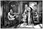 "And the child Samuel ministered unto Jehovah before Eli. And the word of Jehovah was precious in those days; there was no frequent vision." I Samuel 3:1 ASV
<p>Ilustration of the three-year-old Samuel being brought before Eli, the High Priest, by his mother Hannah. Hannah's left hand is over her heart as she holds Samuel's small hand. Samuel carries a small staff. Eli sits on a throne and reaches out for Samuel. There is a hanging lamp (left), two scrolls lying on a table and a bench, and a curtained window that reveals a town in the distance.