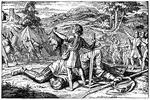 "Then David ran, and stood over the Philistine, and took his sword, and drew it out of the sheath thereof, and slew him, and cut off his head therewith. And when the Philistines saw that their champion was dead, they fled." I Samuel17:51 ASV
<p>Illustration of David standing next to the giant body of Goliath, holding his head by the hair. David is leaning on Goliath's sword and Goliath's spear lies on the ground, partially underneath the body. The Philistine army flees (left), while the Israelites cheer and pursue them (right). There are trees, mountains, and a small town in the background.
