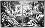 "So he went and did according unto the word of Jehovah; for he went and dwelt by the brook Cherith, that is before the Jordan." I Kings 17:5 ASV
<p>Illustration of two separate, but related scenes in which Elijah hides by the brook at Cherith. In the image on the left, he is reclining on a rock and there are trees behind and above him. He reaches out to a raven with a piece of bread in its beak. In the image on the right, he appears to be asleep while leaning on a rock. A jar and a piece of bread are on the rock. An angel hovers above him.
