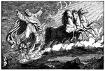 "And it came to pass, as they still went on, and talked, that, behold, there appeared a chariot of fire, and horses of fire, which parted them both asunder; and Elijah went up by a whirlwind into heaven." 2 Kings 2:11 ASV
<p>Illustration of the prophet Elijah riding in a chariot drawn by three horses, being taken up to heaven. The chariot's wheels are flaming. A line of clouds supports the chariot and horses. The chariot has a star on the front. Elisha can be seen kneeling and watching from the ground. Mountains and a small town are pictured below.