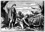 Tobias, after being sent by his blind father to collect a debt, meets the archangel Raphael on the road. Tobias is kneeling next to a river. He is holding an enormous, open-mouthed fish and looking up at Raphael. The angel is dressed in plain clothes and holds a staff in his right hand. A small animal watches from behind Tobias.